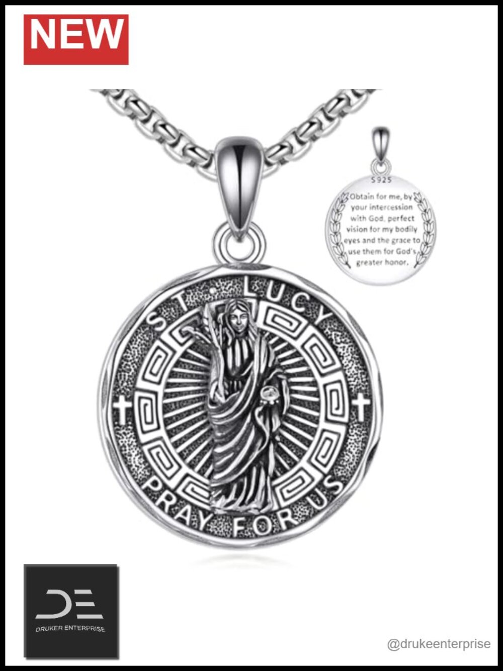 Saint Lucy Pendant Necklace Sterling Silver Religious Jewelry Men Women